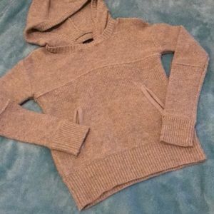 Dark tan colored sweater with detachable hood